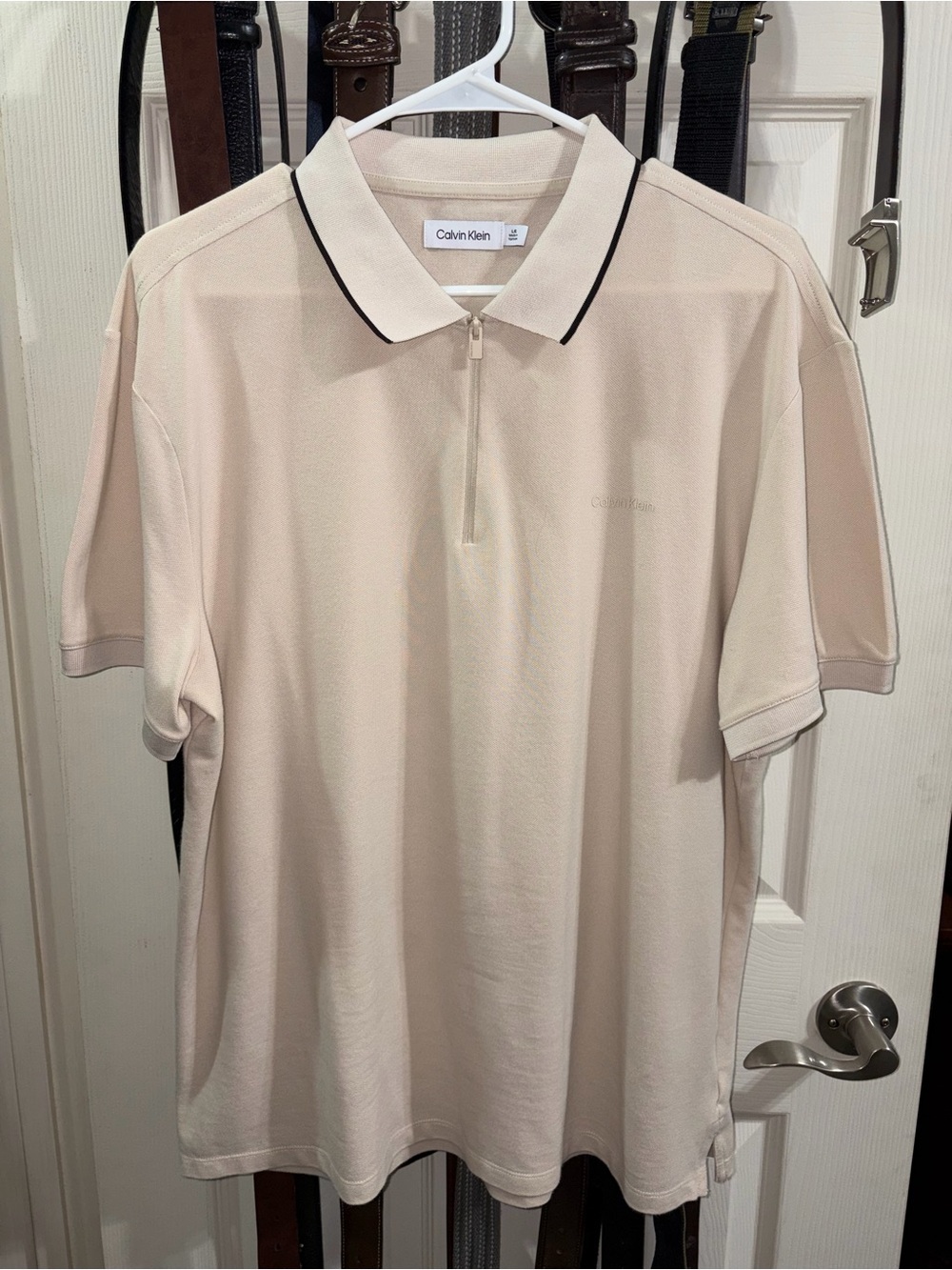 Calvin Klein Men’s Beige Short-Sleeve Zip Polo with Contrast Trim